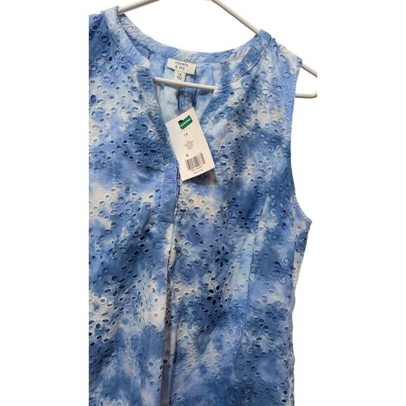 Crown & Ivy Blue & White Tie-Dye Sleeveless Top 1X  With Eyelet Design 100% Cott - Picture 5 of 10